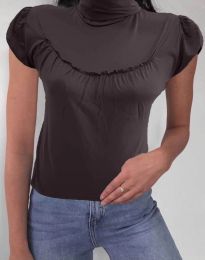 Дамска блуза в тъмнокафяво с къс ръкав и поло яка - код 0216